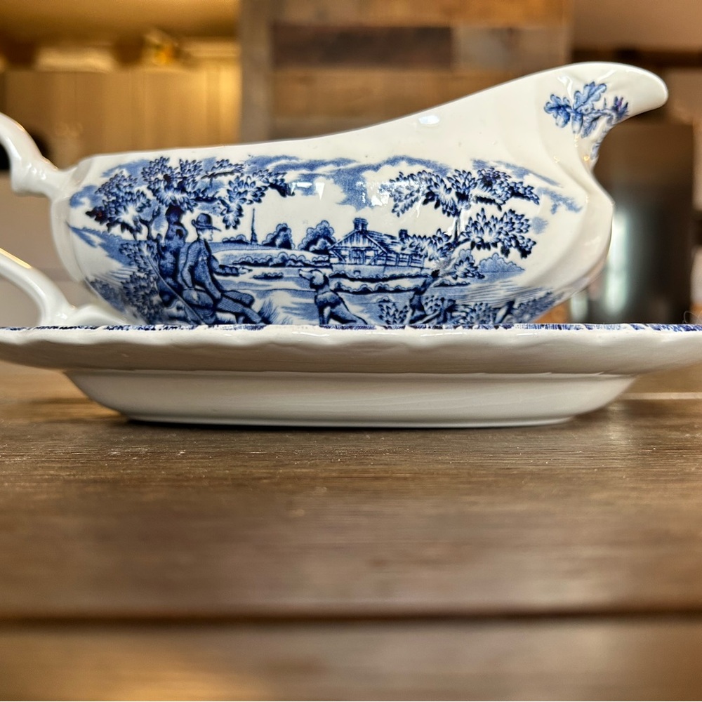 Vintage “The Hunter” by Myott - Scenic Blue and White Gravy Boat with Saucer